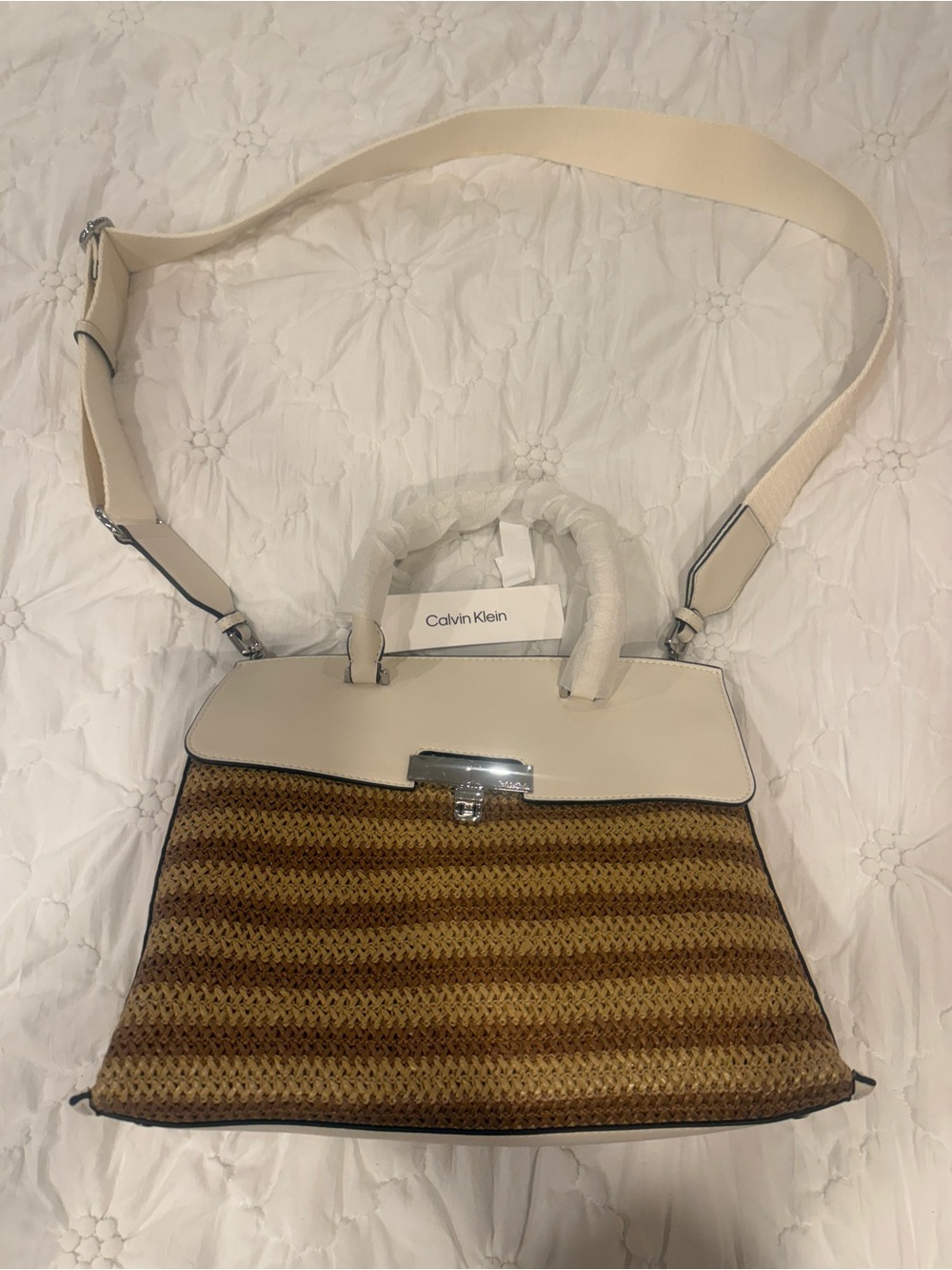 Calvin Klein Cream & Brown Straw Satchel